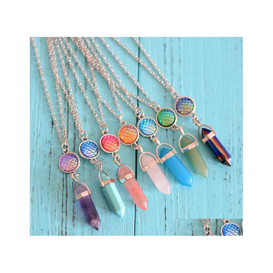 

Pendant Necklaces Fish Scale Hexagonal Pointed Reiki Natural Stones Turquoise Pink Quartz Pillar Charms Necklace For Women Men Gift Dhlli