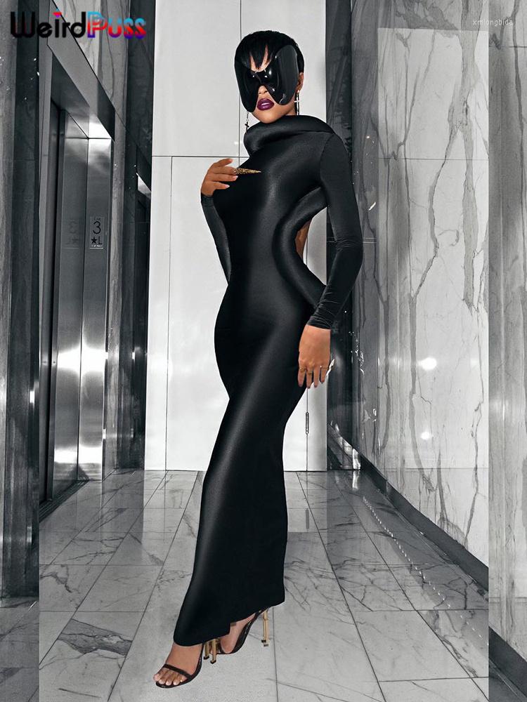 

Casual Dresses Weird Puss Backless Women Dress 3D Design Long Sleeve Skinny Maxi Bodycon Solid Black Street Trend Streetwear Vestidos
