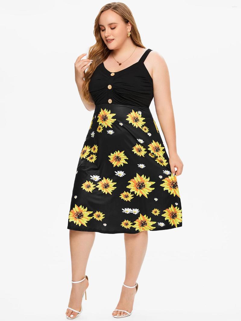 

Casual Dresses Plus Size Sunflower Print High Waisted Dress Ruched Midi Sleeveless Women Oversized Vestidos Para Mujer, Black