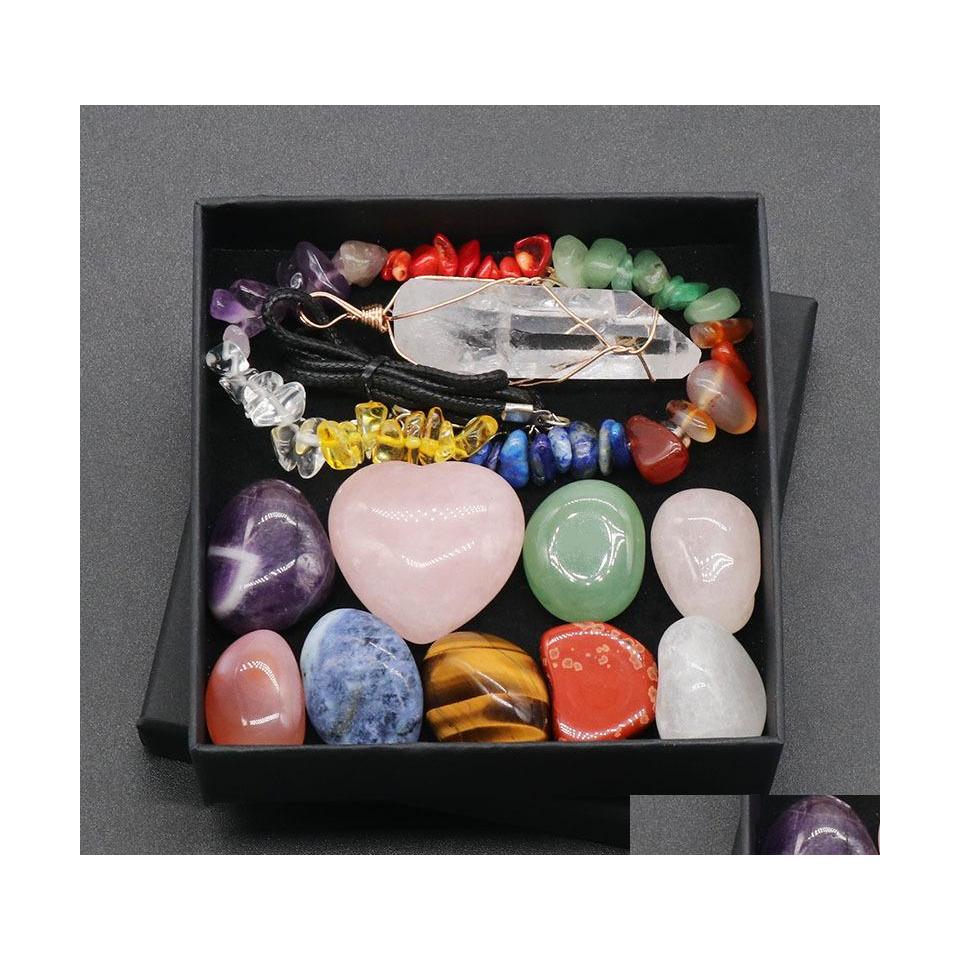 

Stone 7 Chakra Set Rose Quartz Heart Reiki Natural Crystal Necklace Tumbled Stones Polishing Rock Yoga Energy Bead Bracelet Yydhhome Dhhts