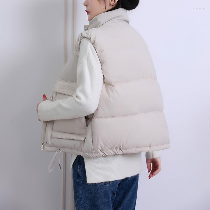 

Women's Vests Stand Collar Winter Women's Short Style Vest Solid Cotton Padded Thick Sleeveless Jacket Women Big Pockets Casual Outwear, Beige