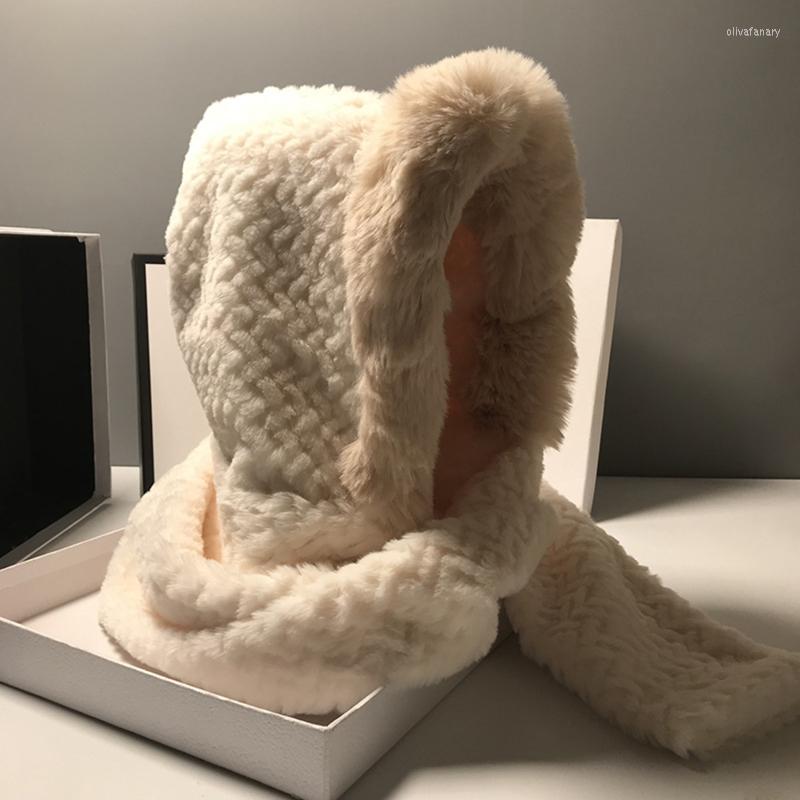 

Berets Thickened Pullover Cap Winter Imitation Fur Plush Warm Scarf All-in-one Hat Outdoor Cycling Mask Integrated, Khaki