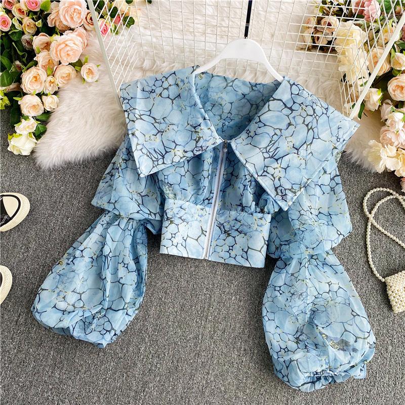 

Women's Blouses Spring Fall Women Lanter Sleeve Floral Printed Pattern Black Blue Vintage Top Blouse Woman Clothes Flower Tops And