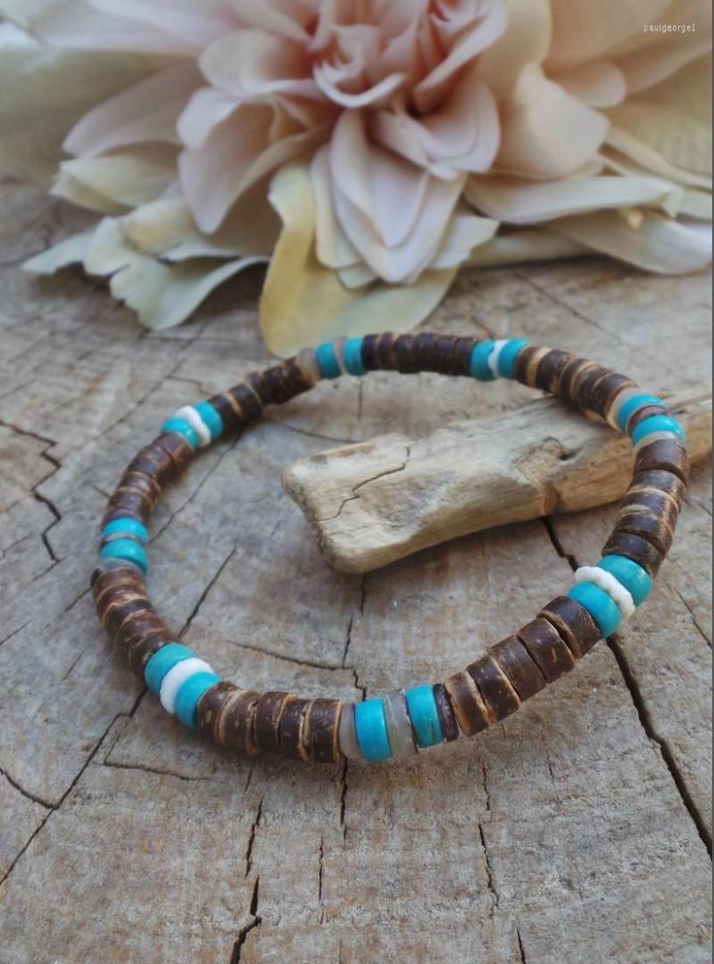 

Strand Mens Beaded Bracelet. Coconut And Turquoise Stretch Bracelet
