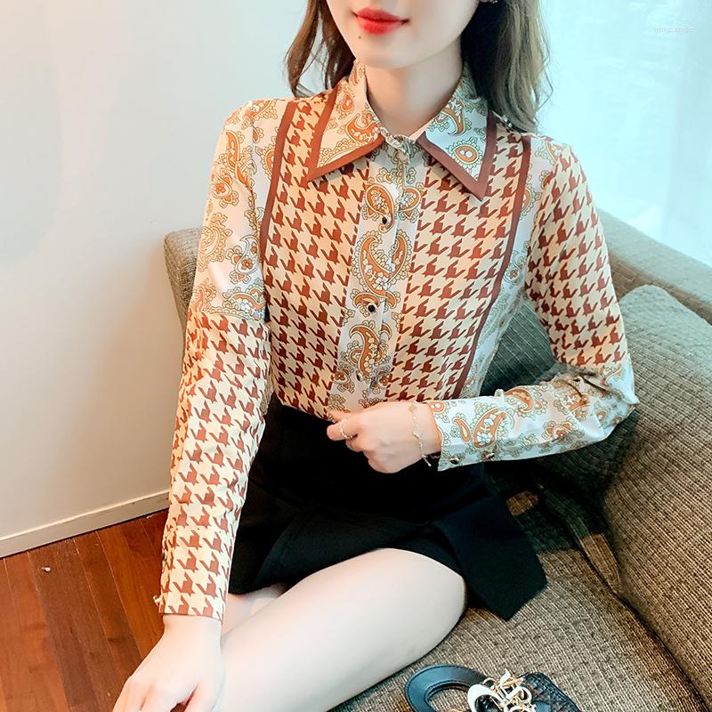 

Women' Blouses Summer Blouse Long Sleeve Top Female Clothing Korean Fashion Polo Shirt Poplin Leisure Stitched Houndstooth Loose Houthion, Photo color