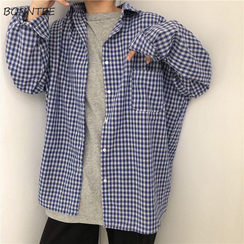 

Women' Blouses & Shirts Long Sleeve Plaid Women Vintage Casual Elegant Korean Style All-match Turn-down Collar Harajuku Streetwear Trendy, Blue