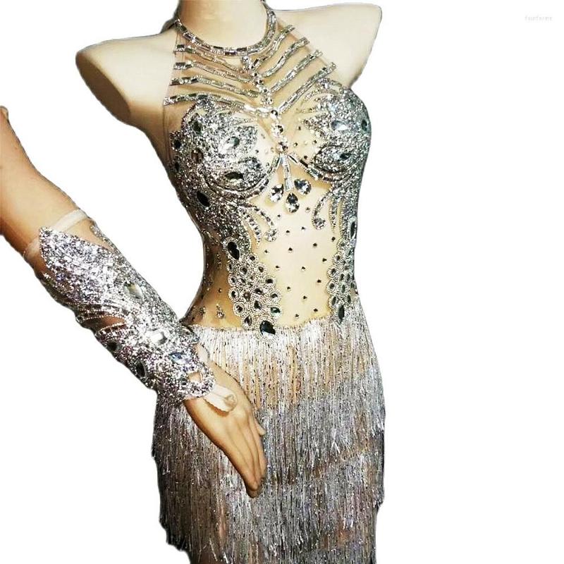 

Stage Wear Sparkly Rhinestones Sleeveless Club Dress Women Crystals Mesh Dresses Performance Birthday Celebrate Evening Party, Silver