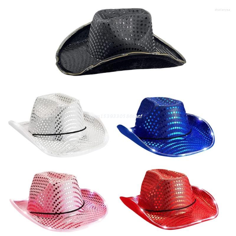 

Berets Glitter Fedora Hat Women Men Felt Ladies Cowboy Hats Party Sequins Top Bonnet Cosplay LED Light Dropship, Red lamp