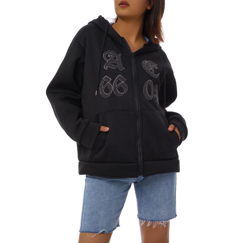 

Women' Hoodies & Sweatshirts Women Hooded Jacket With Pockets Ladies Letter Printing Casual Style Smooth Zipper Spring Clothing, Black
