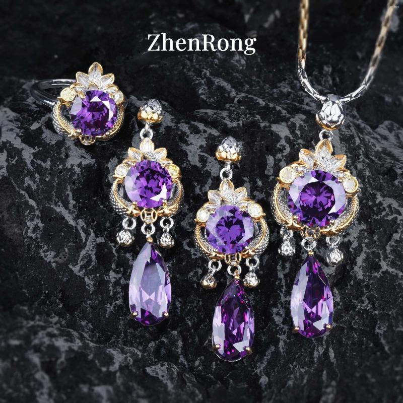 

Necklace Earrings Set Vintage Italian Jewelry Goldfish Lotus Bell Purple Crystal Pendant Necklaces Drop Rings Banquet Party Sets For Women, Picture shown