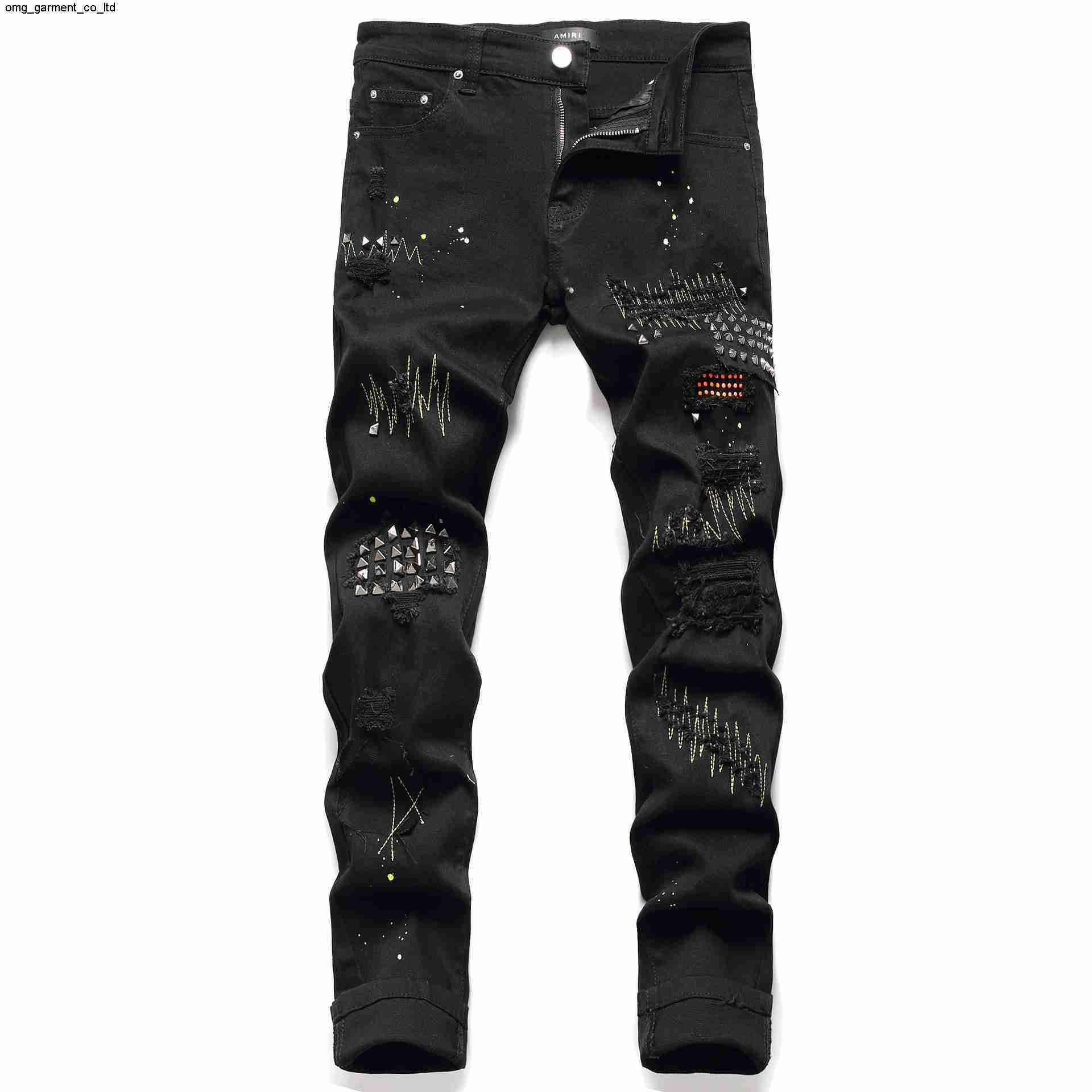

fashion amirly nail fashion cloth brand youth men's elastic willow cotton paint black hole jeans patch pants