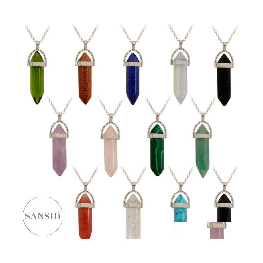 

Pendant Necklaces 30Colors Hexagonal Crystal Pink Purple Quartz Turquoise Natural Stone Chakra Druzy Necklace With 50Cm Stainless St Dh6Vf