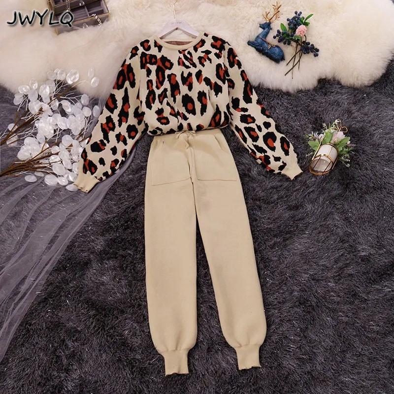 

Women's Two Piece Pants Vintage Set Leopard Long Sleeve Top Sweaters Fall Outfits Women 2023 Fashion Lace Up Waist Pocket Harem Sets, Khaki