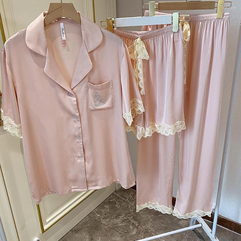

Women's Sleepwear Thin Pajamas Women's Summer Ice Silk Short-sleeved Shorts With Trousers Three-piece Set Drilling Homewear Suit