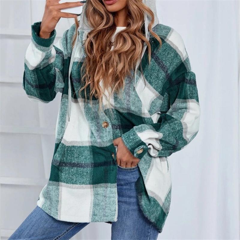 

Women' Jackets Retro Long-sleeved Lapel Single-breasted Coat Casual Loose Plaid Cardigan Plus Size Hooded Windproof Trend JacketWomen, Green