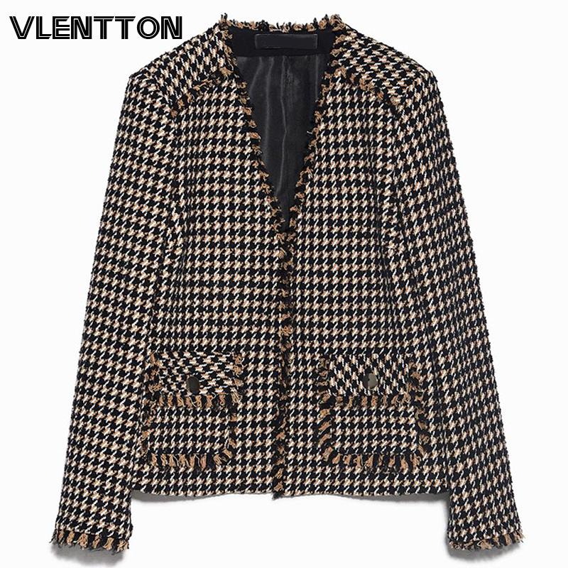 

Women's Jackets Autumn Women Vintage Plaid Tweed Coat Chic Tassel Pockets Outerwear Tops Female Casual Clothes Chaquetas Mujer, Photo color