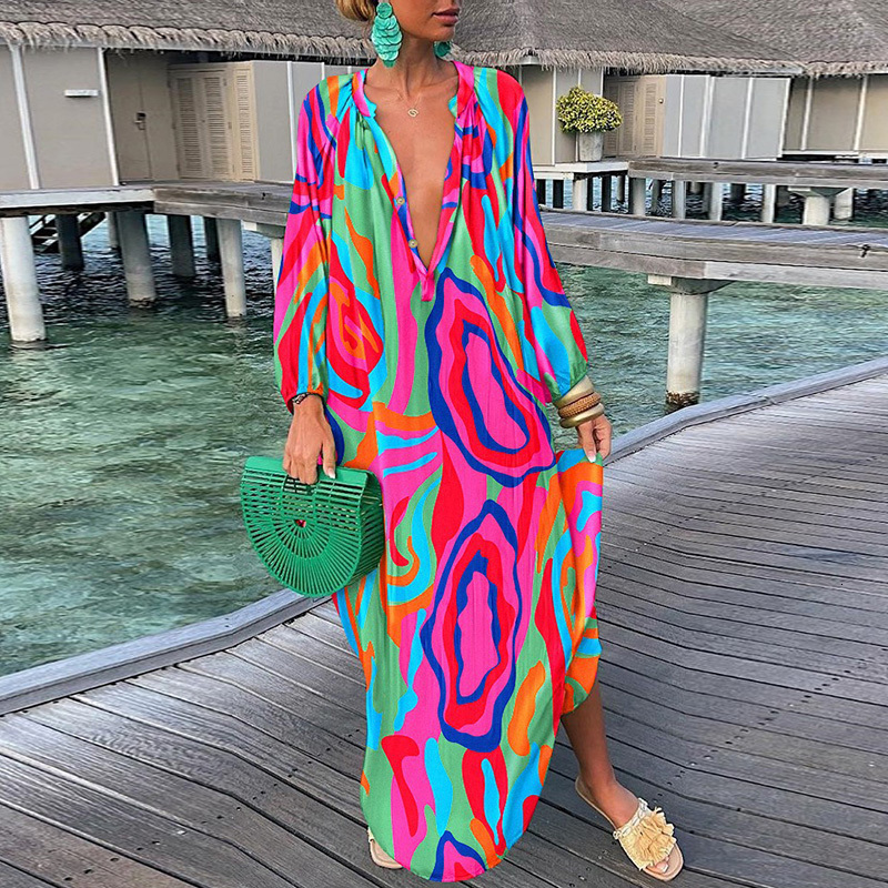 

Casual Dresses Women Boho Print Loose Beach Elegant Deep V-Neck Maxi Ladies Sexy Long Sleeve Oversized Robe Longue 230217, White