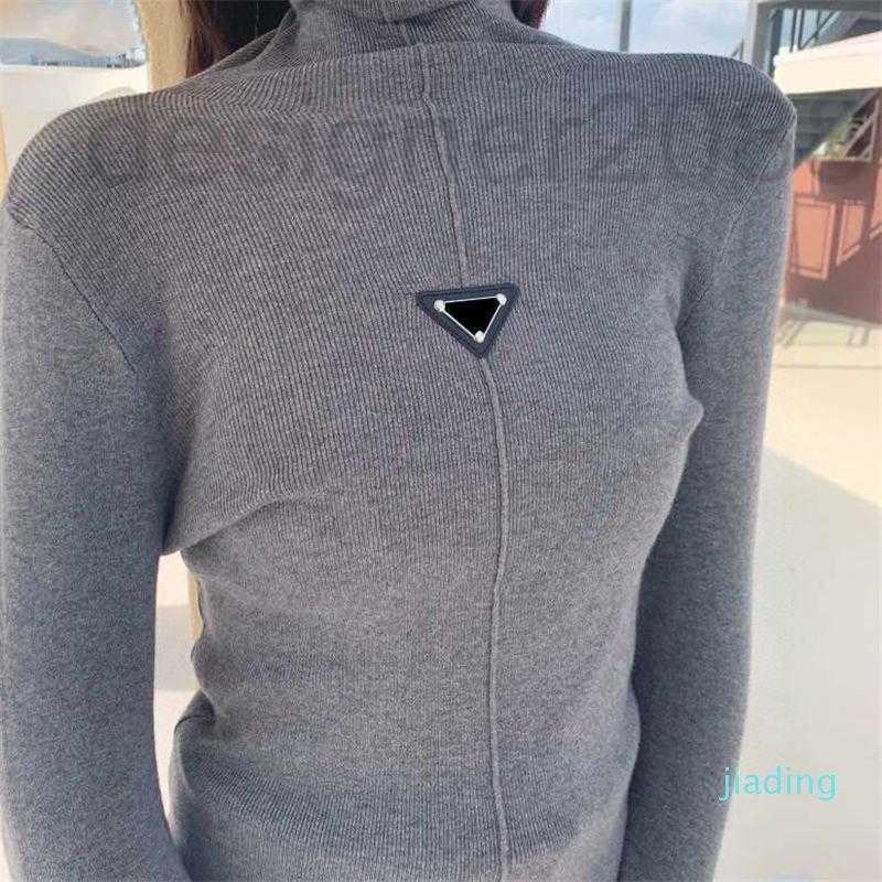 

Women' Knits & Tees Designer Triangle Badge Sweater Womens High Neck Long Sleeve Sweatshirts Slim Ladies Bottoming Shirt Top PC3H, White