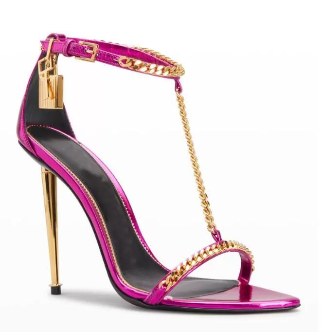 

Fashion Luxury Padlock Pointy Naked Sandals Shoes Women's Lock & Key Metal Stiletto Heels Gold Chain Link Sexy Lady Party Wedding Dress Shoe EU35-43 Original Box