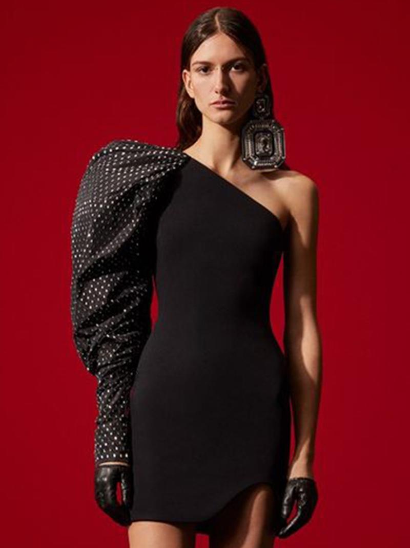 

Casual Dresses Adyce One Shoulder Long Sleeve Black Bandage Dress For Women 2023 Winter Luxury Beading Club Celebrity Party Mini Vestidos