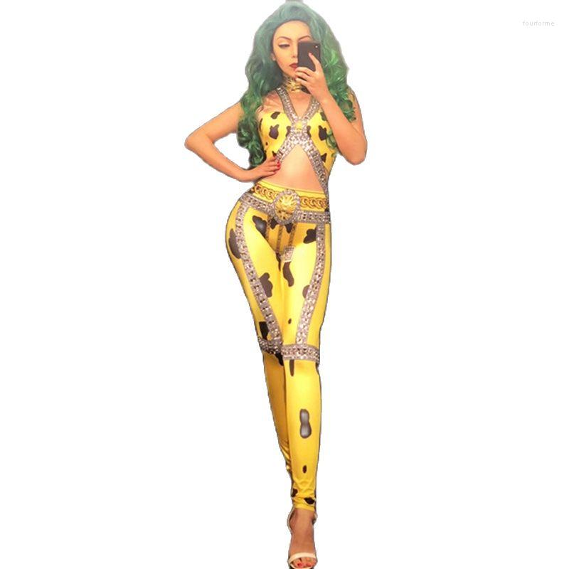

Stage Wear Women Sexy Nightclub Costumes For Singer Yellow 3D Printed Sparkling Crystals Dj Gogo Jumpsuit Custom-Made