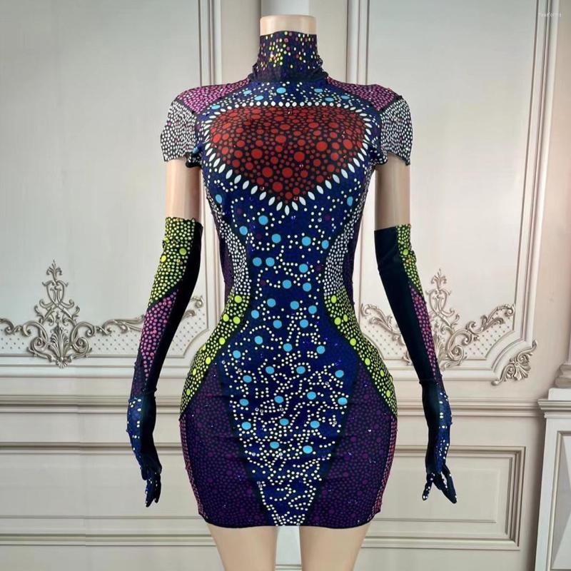 

Stage Wear Crystal Printed Short Sleeves Dress Gloves Women Nightclub Gogo Dancer Costume Singer Show Outfit Party Rave Clothes DNV16579, Picture shown