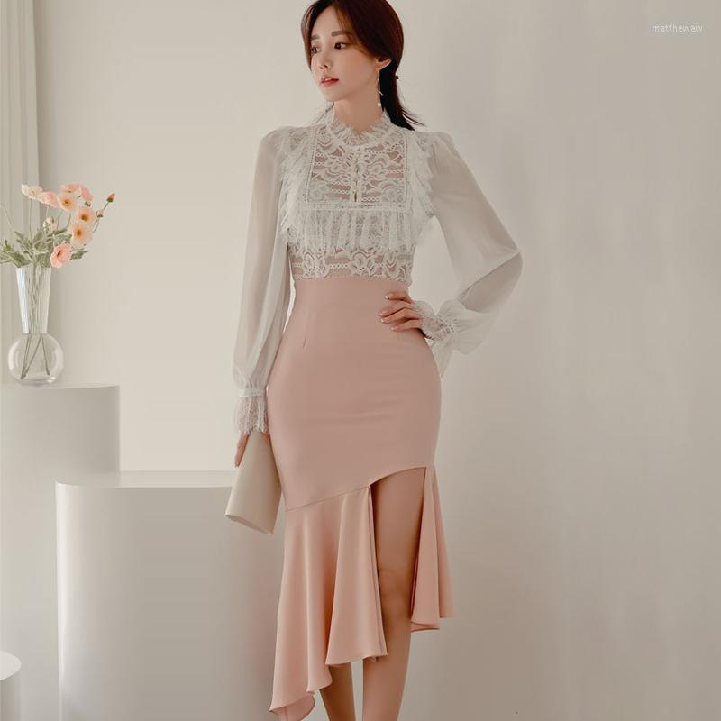 

Work Dresses Fashion 2 Piece Set Korean Style Women Long Sleeve Slim Chiffon Stitching Lace Tops High Waist Ruffle Skirt Suits Spring, Picture shown