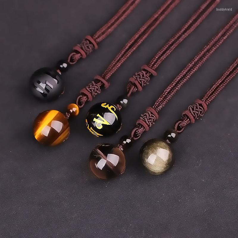 

Pendant Necklaces Natural Rainbow Eye Obsidian Beaded 16 Mm Black Agate Manual Rope Necklace Fashion Jewelry For Gift Dropship