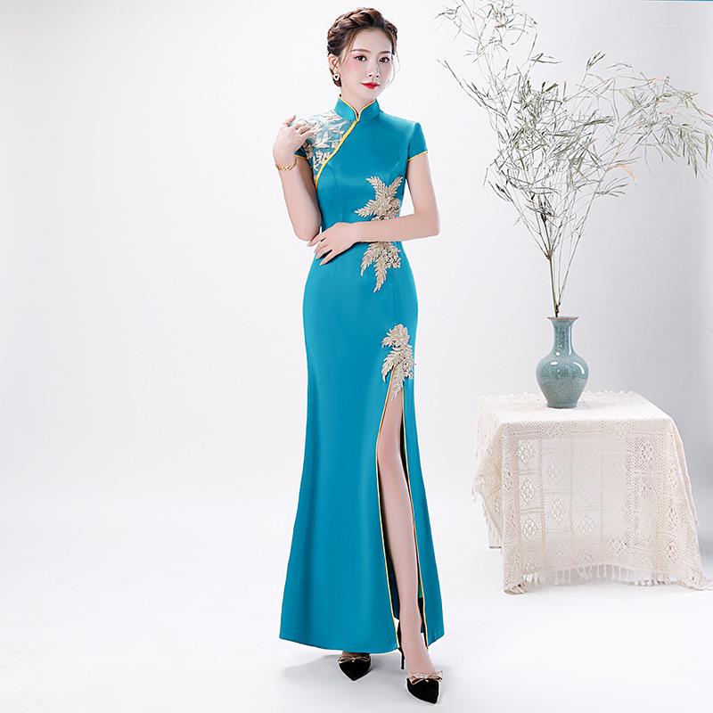 

Ethnic Clothing Plus Size 4XL Sky Blue Female Satin Traditional Chinese Dress Sequins Applique Elegant Qipao Vintage Oriental Cheongsam