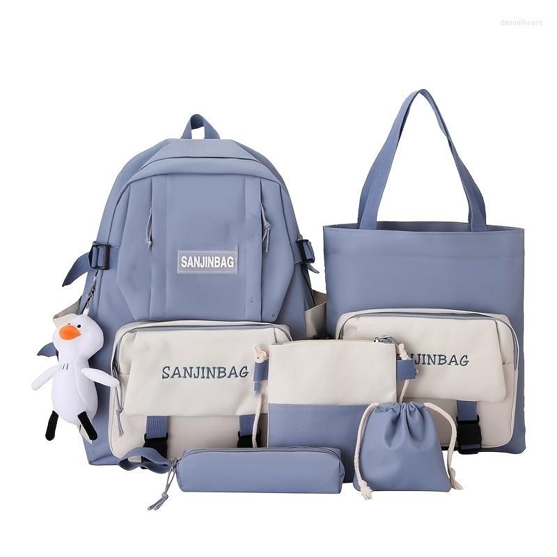 

School Bags 5pcs Zipper Backpack Purse Set Patch Detail Functional Tote Bag Canvas Shoulder Crossbody, Blue