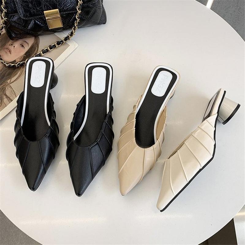 

Slippers Woman Outside Pointed Shallow Modern Casual High Heels Women Fashion Solid Color Chunky Heel Ladies ShoesSlippers, Black