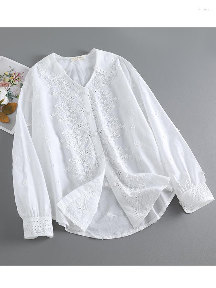 

Women's Blouses Lamtrip Unique Mori Girl Vintage Flowers Stitch Loose White Shirt Women Blouse 2023
