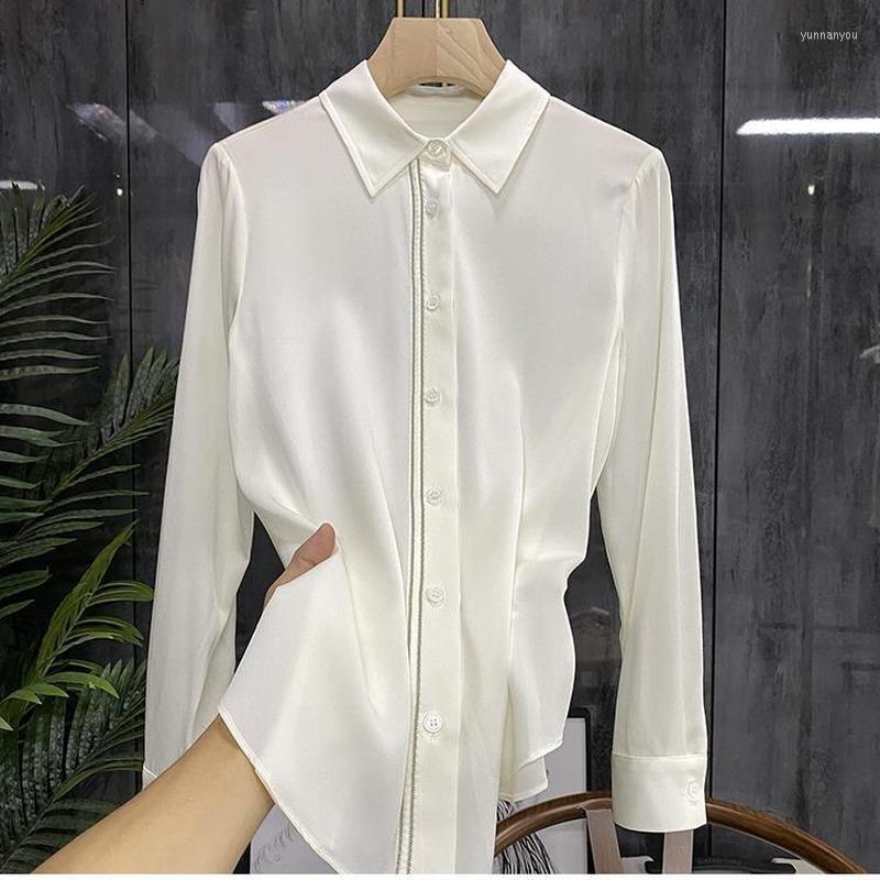 

Women' Blouses Fit Cool Comfortable Beaded Silk Shirt Women Button Up Tops Mujer Camisas, White