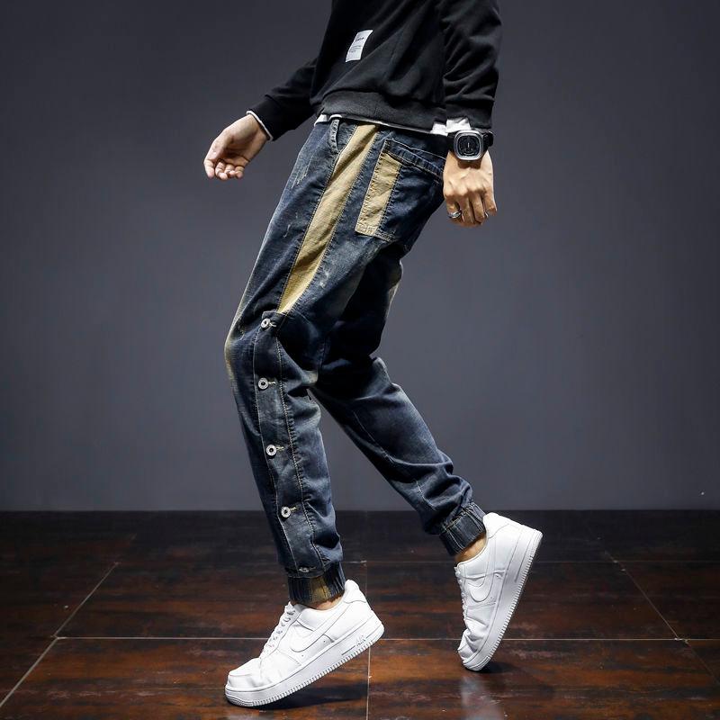 

Men's Pants Spring Pencil Fashion Trend Personality Mixed Color Jeans Blue Casual Drawstring Denim TrousersMen's, Same as pictures