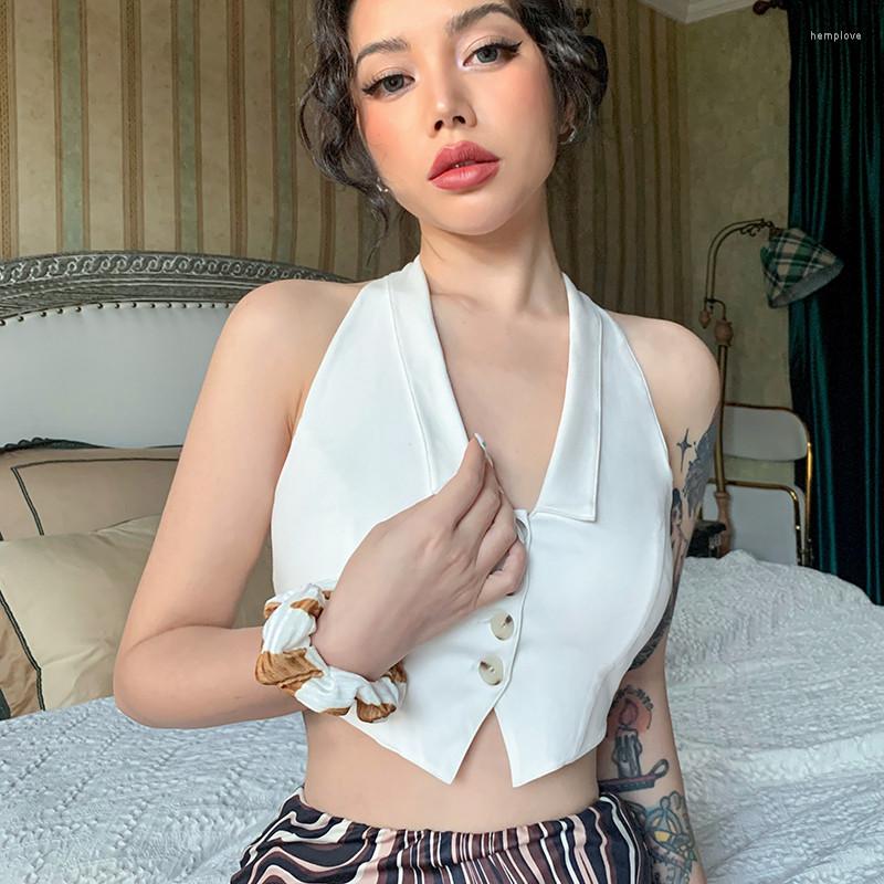 

Women' T Shirts Halter Backless Lace Up Crop Top Summer Lady High Street Lapel Vest Solid Sleeveless V Neck Buttons Slim Tank Tops 2023, White