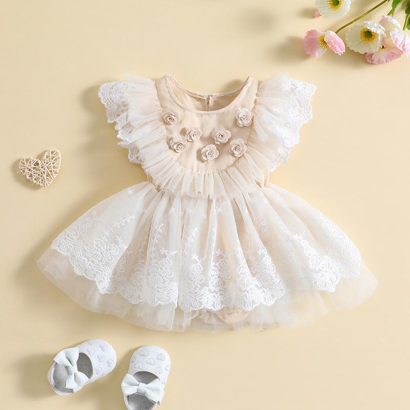 

Girl Dresses Sweety Baby Girls Princess Romper Dress Sleeve Crew Neck Flower Lace Tulle Patchwork Bodysuits, Beige