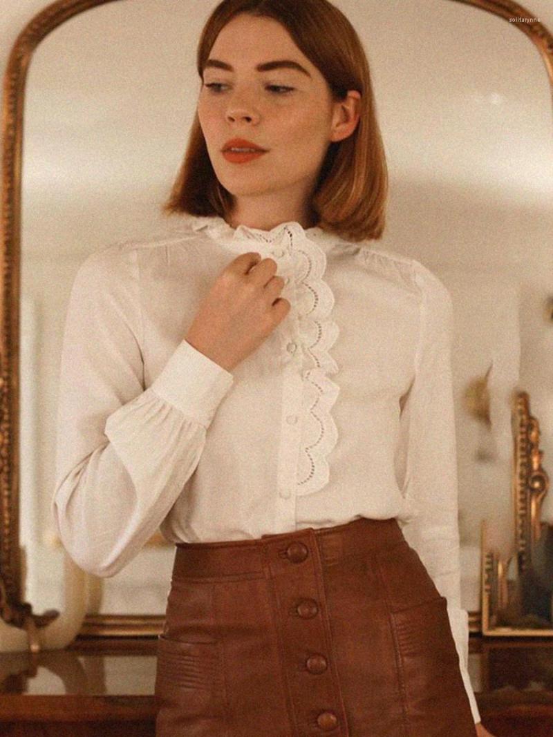 

Women' Blouses Ruffles Embroidered Blouse Woman 2023 Spring Autumn Ling Sleeves Hollow Out Elegant Shirts Vintage French Femme Chemises, Black