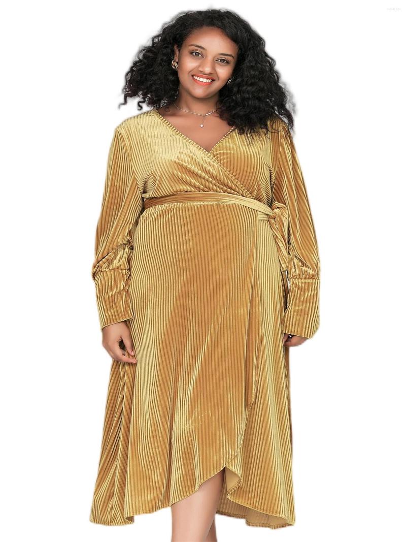 

Plus Size Dresses Elegant Spring Autumn Long Sleeve Midi Velvet Wrap Dress Women Formal Golden Yellow Tie Waist V-neck Christmas