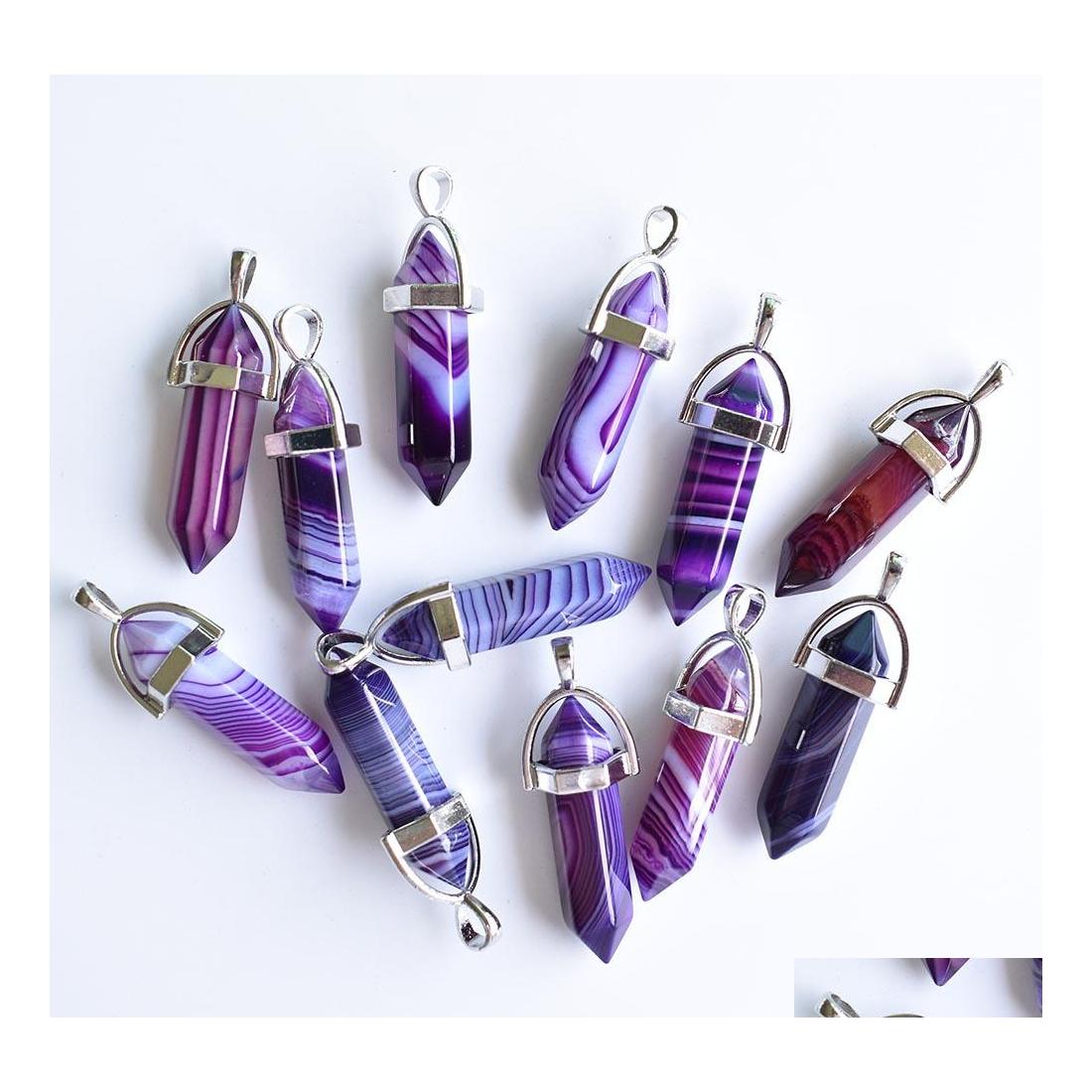 

Charms Trendy Purple Pink Green Stripe Onyx Pillar Shape Point Chakra Stone Pendants For Necklace Earrrings Jewelry Making Drop Deli Dhbel