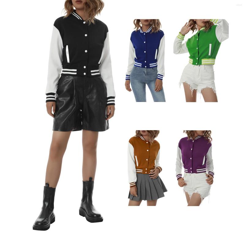

Women' Jackets Women' Varsity Jacket Loose Baseball Uniform 2023 Autumn Fashion Casual Long Sleeve Contrast Color Button Down Cropped, Black