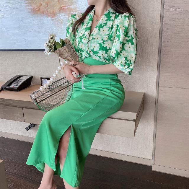 

Work Dresses Lady Suits Temperament Royal Sister Set Women' Summer 2023 Chiffon Shirt High-waisted Fork Skirt Two-piece Sets, Green sets