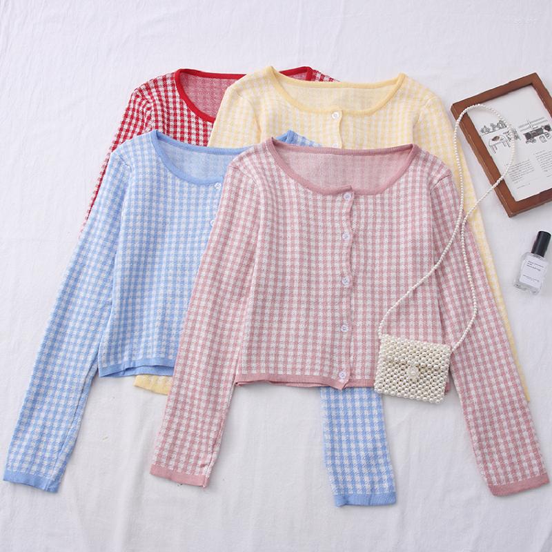 

Women's Knits Single-breasted Plaid Sweater Round Neck Long Sleeves Short