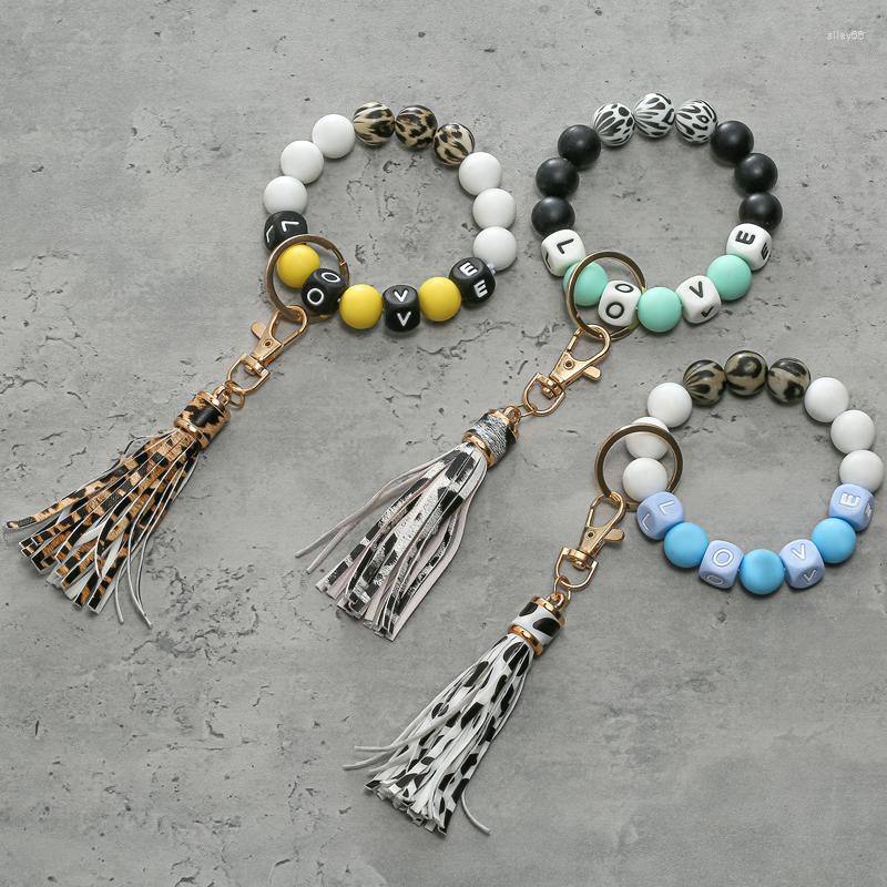 

Keychains YEYULIN Silicone Love Leopard Beads Keychain For Keys PU Tassel Bracelet Keyring Women Multicolor Key Chain Jewelry