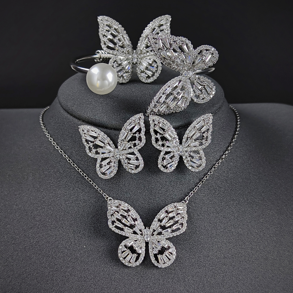 

Wedding Jewelry Sets 4pcs Pack 2023 Luxury Butterfly silver color bride Dubai For Women Lady Anniversary Gift Bulk Sell J7614 230217