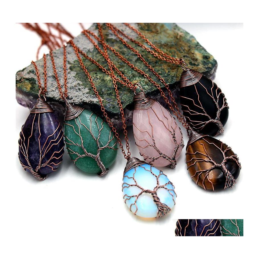 

Pendant Necklaces Tree Of Life Waterdrop Natural Healing Stone Crystal Necklace Pink Rose Quartz Chakras For Gift Jewelry Drop Deliv Dhruc