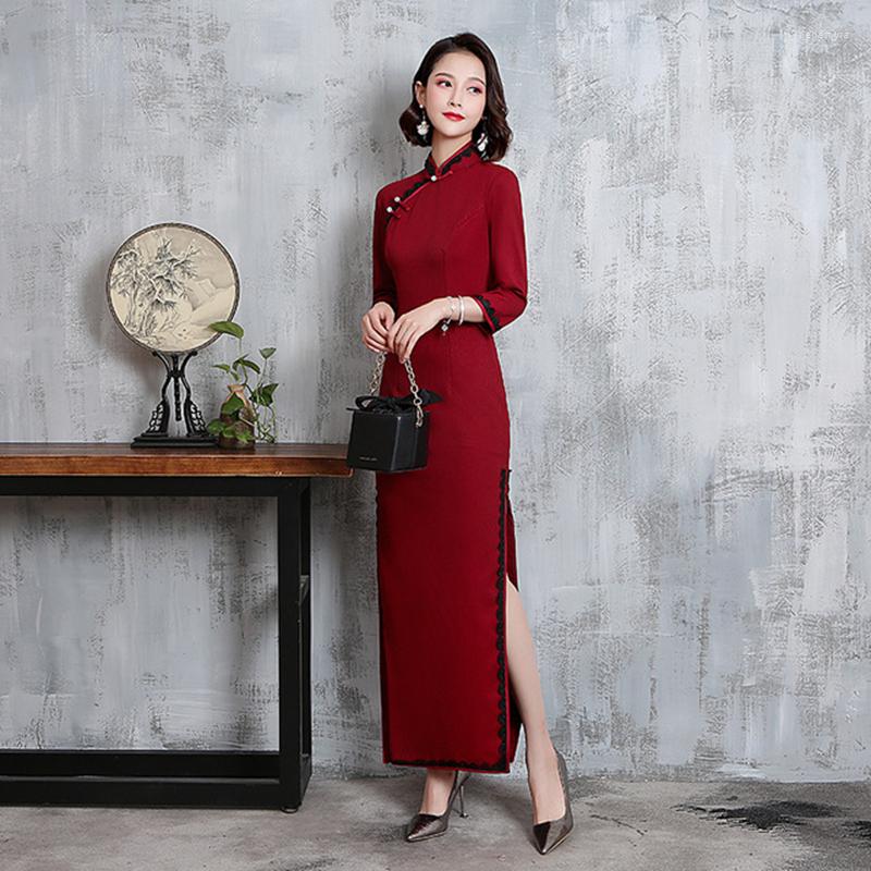 

Ethnic Clothing Long Cheongsam Dress Chinese Traditional Modified Style Long-sleeved Modern Banquet