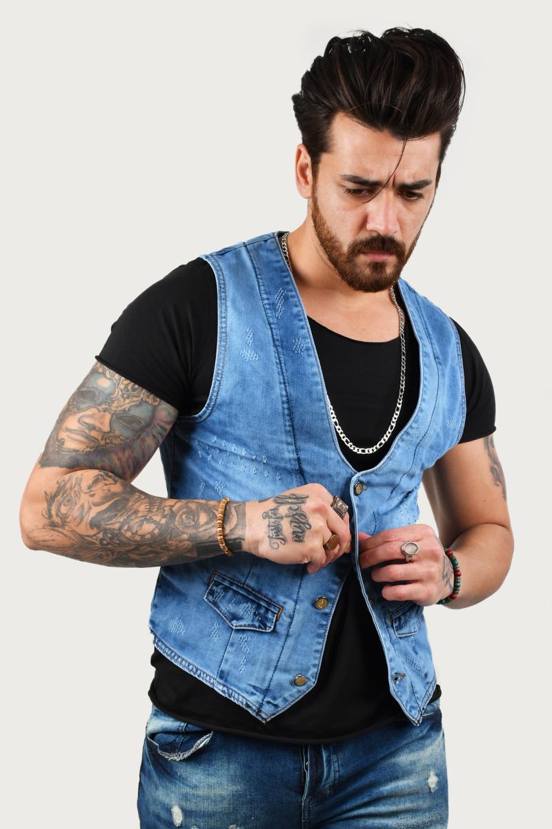 

Men's Vests DeepSEA Laser Cut Metal Button Denim Vest 2100443, Ice blue
