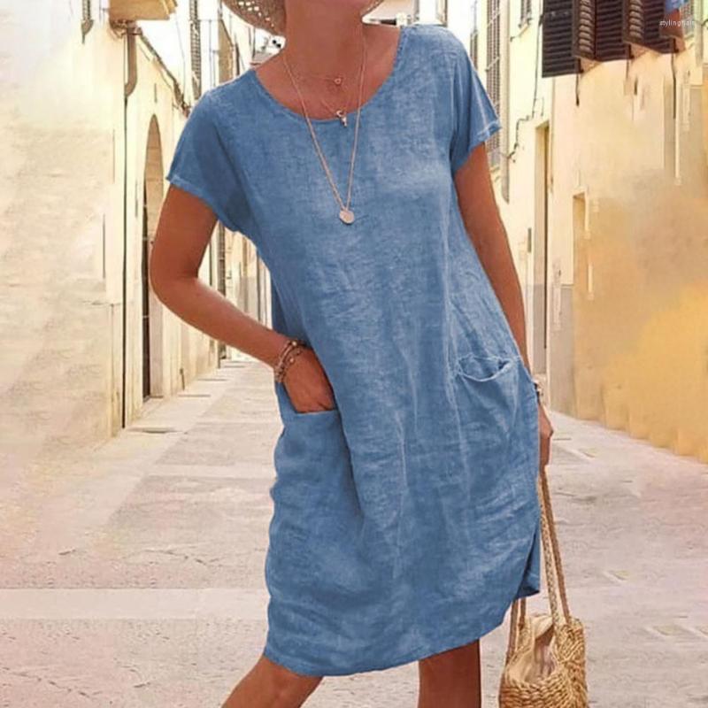 

Party Dresses Plus Size 5XL Women Dress Casual Solid Color Short Sleeve O Neck Pockets Loose Cotton Linen Female Summer Robe, Black