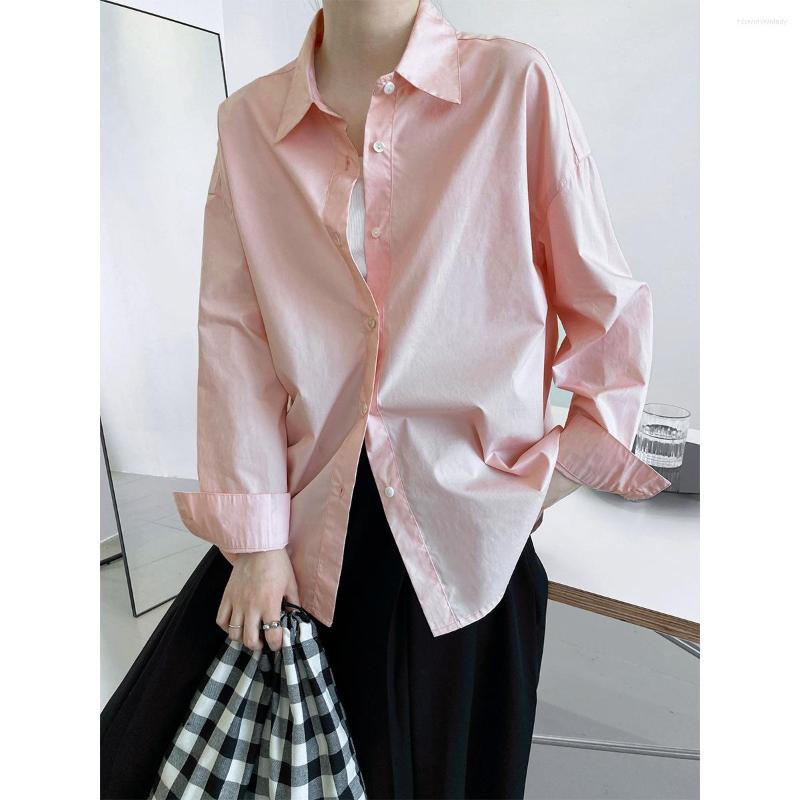 

Women's Blouses Women's 2023 Spring 60 Counts Of Cotton Solid Color Long-sleeved Shirt Female Simple Loose Outside Overlapping Casual, Pink