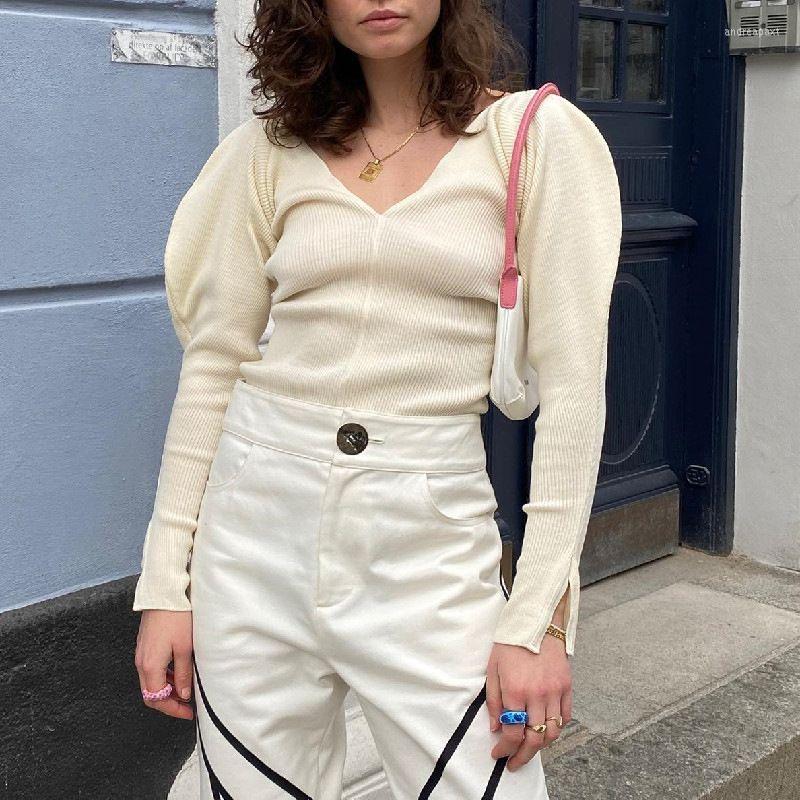 

Women' Sweaters Women Puff Sleeve Knit Tops Thin Sweater Autumn Pullovers Sexy Veck Long Jumper Streetwear Fashion Solid 2023, Ivory